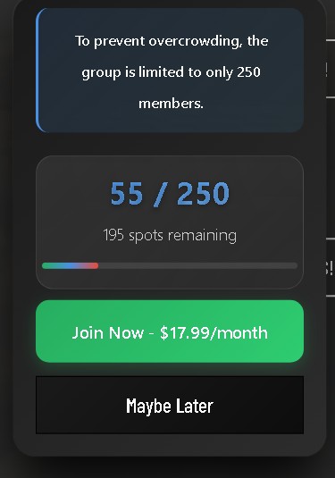 2ebre private group live spots-remaining counter, 55 of 250 members, 195 spots remaining