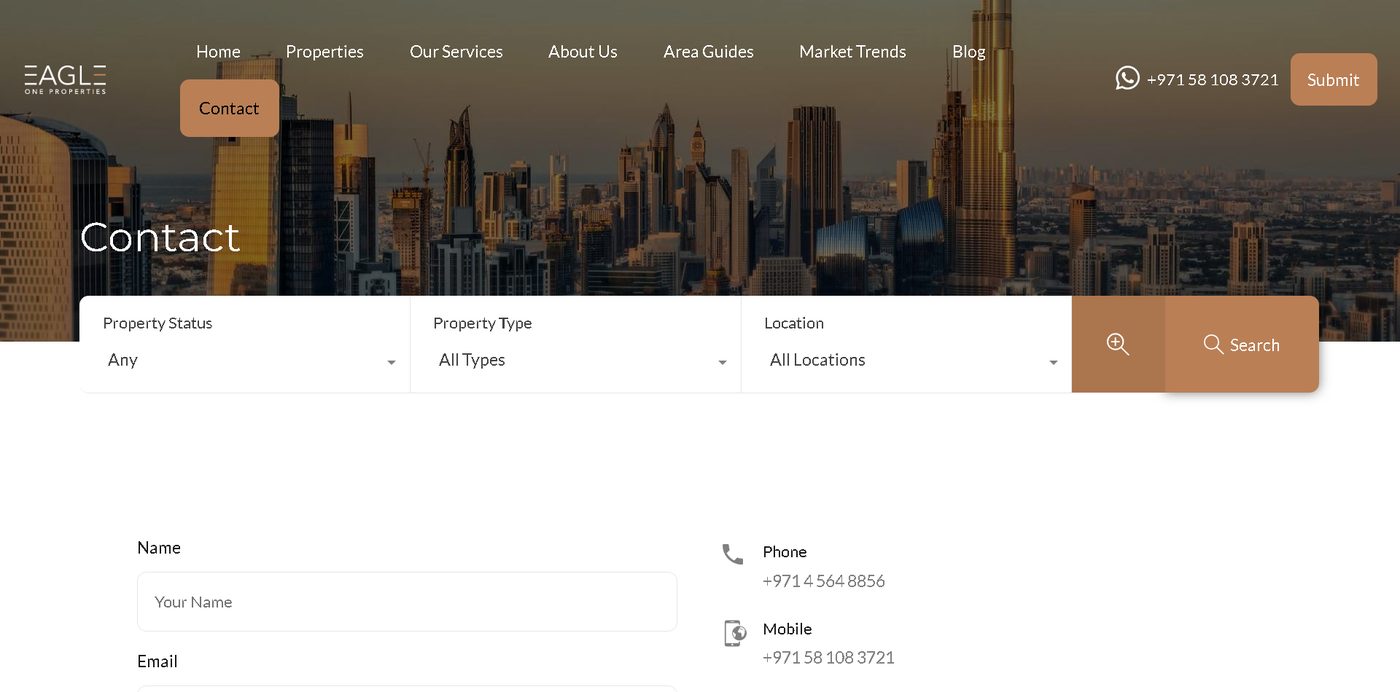 Eagle One Properties contact page with form, phone numbers, and embedded map