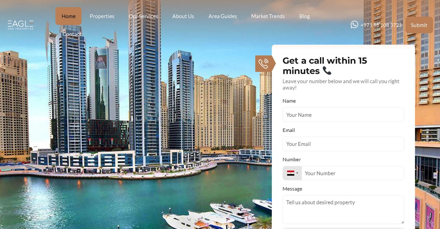 Eagle One Properties homepage — Dubai Marina hero with search filters and 15-minute callback lead form